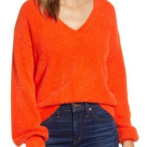 Halogen Fuzzy V-Neck Sweater Red Shock